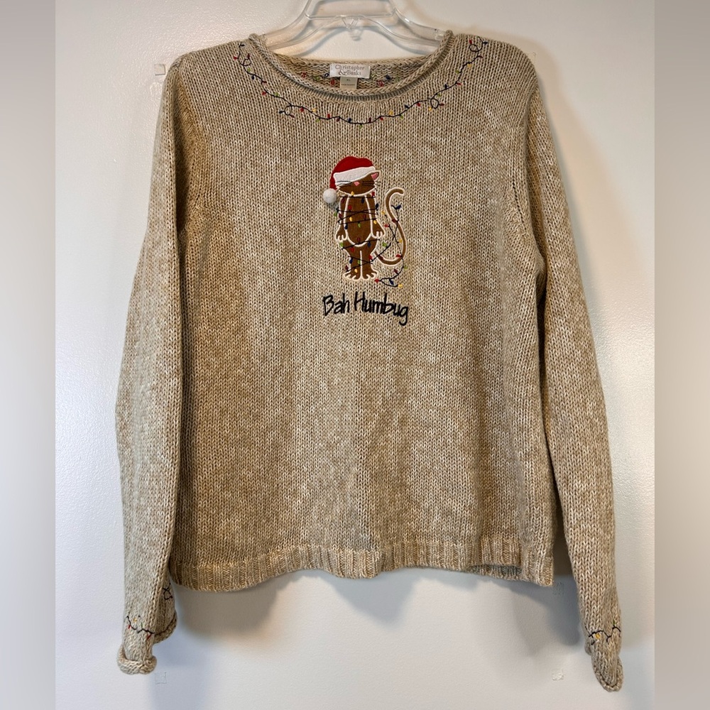 Christopher & Banks Beige Bah Humbug Holiday Sweater‎ with Cat Design Women’s XL
